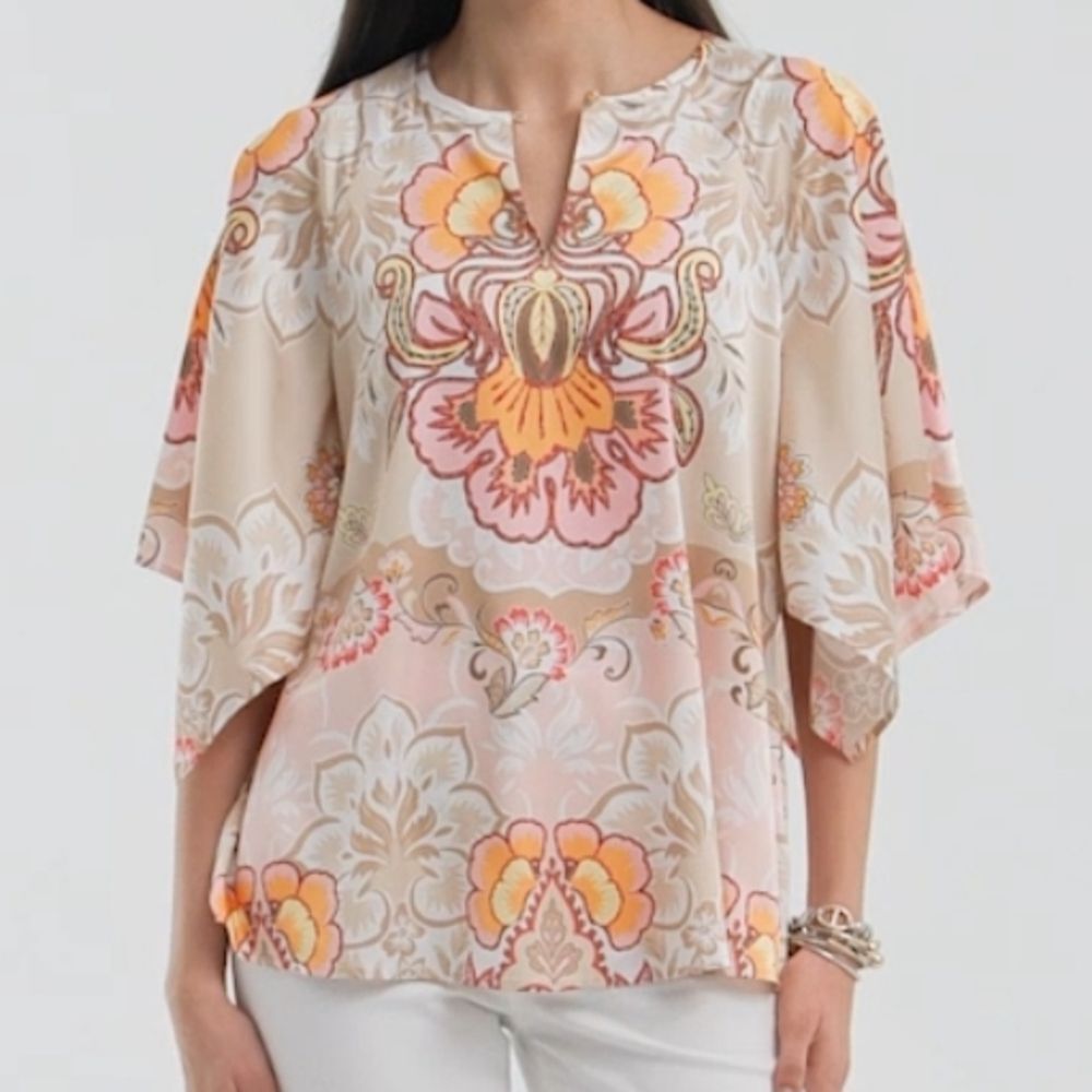Chico's Satin Floral Blouse Top Size 8 Batwing Kimono Sleeve‎